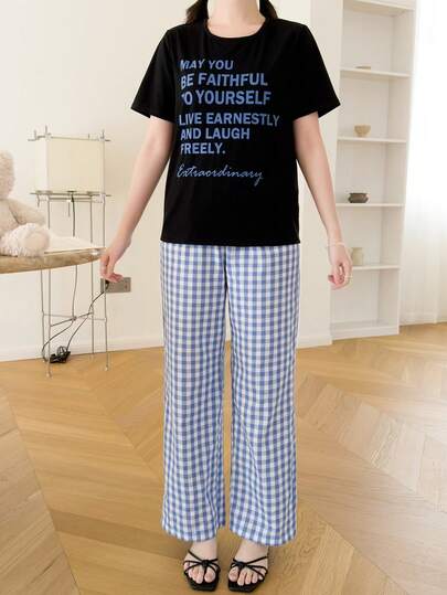 SHEIN Teen Girls Letter Print Decor Loose T-Shirt & Plaid Straight Pants Pajama Set