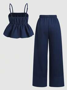 SHEIN 2 pièces Ensemble Top camisole à nœud décoratif et pantalon ample en couleur unie texturée tissée pour filles pré-adolescentes, style décontracté d'été et de vacances, couleur marine - Bleu marine - Voir 2
