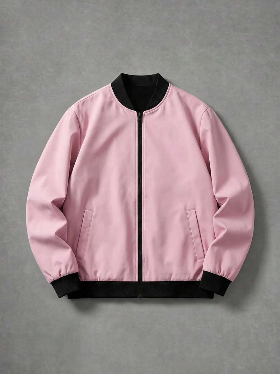 Manfinity EMRG Men's Contrast Color Zipper Collar Casual Baseball Jacket - Pink - View 1