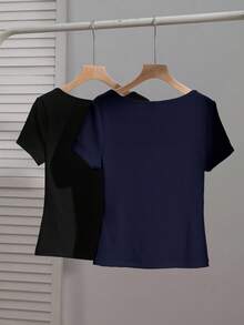 SHEIN EZwear 两件套女士方领短袖休闲修身性感T恤，黑色和藏青色，适合夏季穿着。 - 彩色 - 查看 2