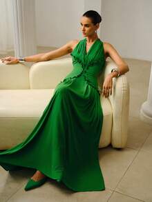 ZEYLAH Elegant Extra Long Ruched Flounce Hem Dress, Spring/Summer - Green - View 7