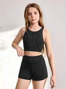 Bộ quần áo thể thao không tay cho bé gái tuổi teen, quần short, kiểu dáng thời trang và thoải mái, phù hợp cho các hoạt động ngoài trời đường dài. - màu đen - Xem 6