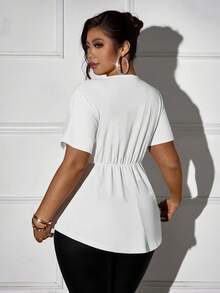 Elenzga 大码女式休闲蕾丝边V领T恤 - 黑與白 - 查看 2