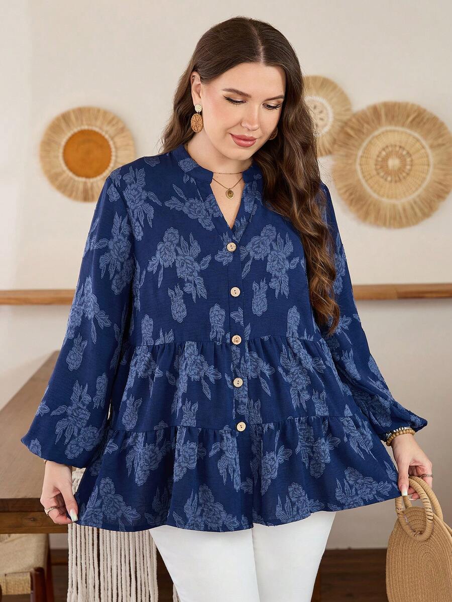 Lacomfia Casual Solid Color Jacquard Long Sleeve Loose Regular Fit Shirt, Plus Size, Spring/Autumn - Blue - View 1