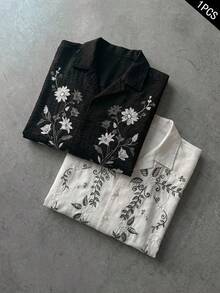 PAVTROS Men's Floral Pattern Single-Breasted Casual Short Sleeve Shirt - Black - View 7
