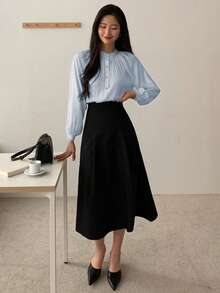 DAZY 春季纽扣长袖百搭衬衫，秋季服装 - 藍色 - 查看 5