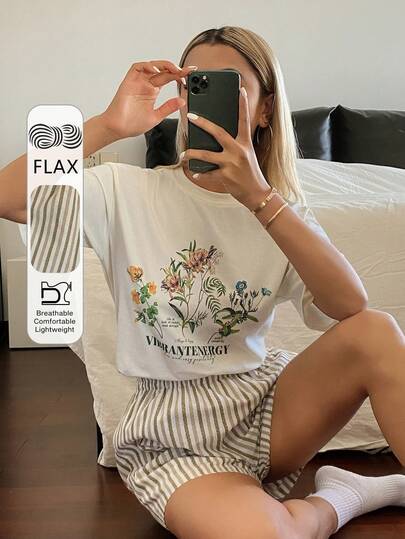 DAZY Women's Botanical Print T-Shirt And Striped Shorts Pajama Set, Summer