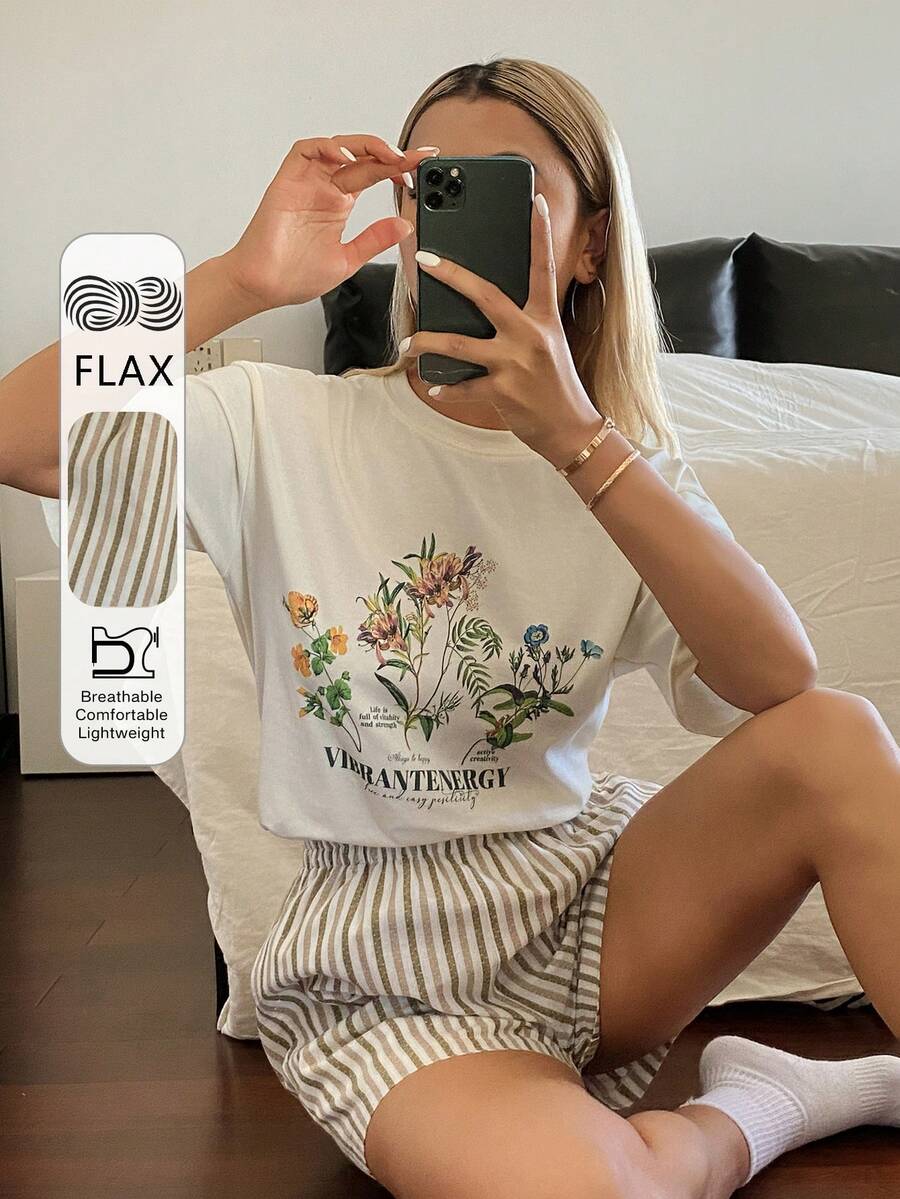 DAZY Women's Botanical Print T-Shirt And Striped Shorts Pajama Set, Summer - White - View 1