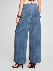 ROMWE Hippie Hàng mới về mùa Xuân & Thu, màu xanh denim trung bình, họa tiết chắp vá, quần jeans nữ thời trang và thoải mái. - Rửa trung bình - Xem 4