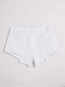 SHEIN EZwear 休閒純色破洞牛仔短褲，夏季女款白色短牛仔褲 - 白色 - 查看 3