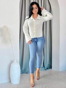 Vassilux Cardigan Casual Feminino de Manga Longa e Abotoamento Simples com Gola, Outono - Branco - Visão 4