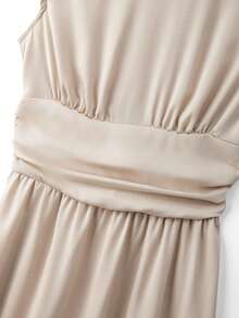 Franclia Women's Fashion Minimalist Round Neck Cap Sleeve Waist Shirred Pleated Design Dress Satin Dress For Women Elegant Dress For Ladies Special Occasion Reception Gown - Apricot - View 4