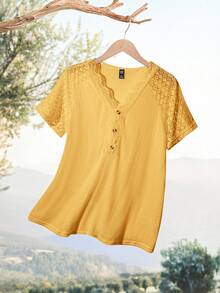 EMERY ROSE Plus Size Women's Mustard Yellow Summer Casual T-Shirt,Lace Patchwork V-Neck Short Sleeve Tops,Modest Vacation Holiday Outfits,Tea Party Blouses - Yellow - View 7