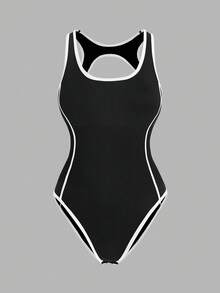 Slayform Women's Minimalist Contrast Trim Backless Jumpsuit, Summer - Black - View 3