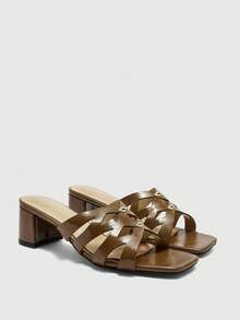 CUCCOO BIZCHIC Ladies Fashion Daily Casual Summer Beige Faux Leather Commuter Thick Heel Sandals Summer Shoes - Brown - View 7
