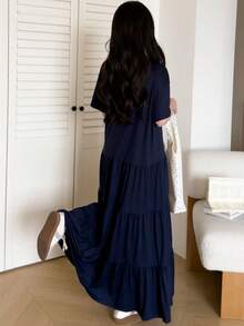 Gaun Kasual Lengan Pendek Berkerut dengan Motif Huruf dan Kerah Bulat untuk Remaja Perempuan - Navy Blue - View 3