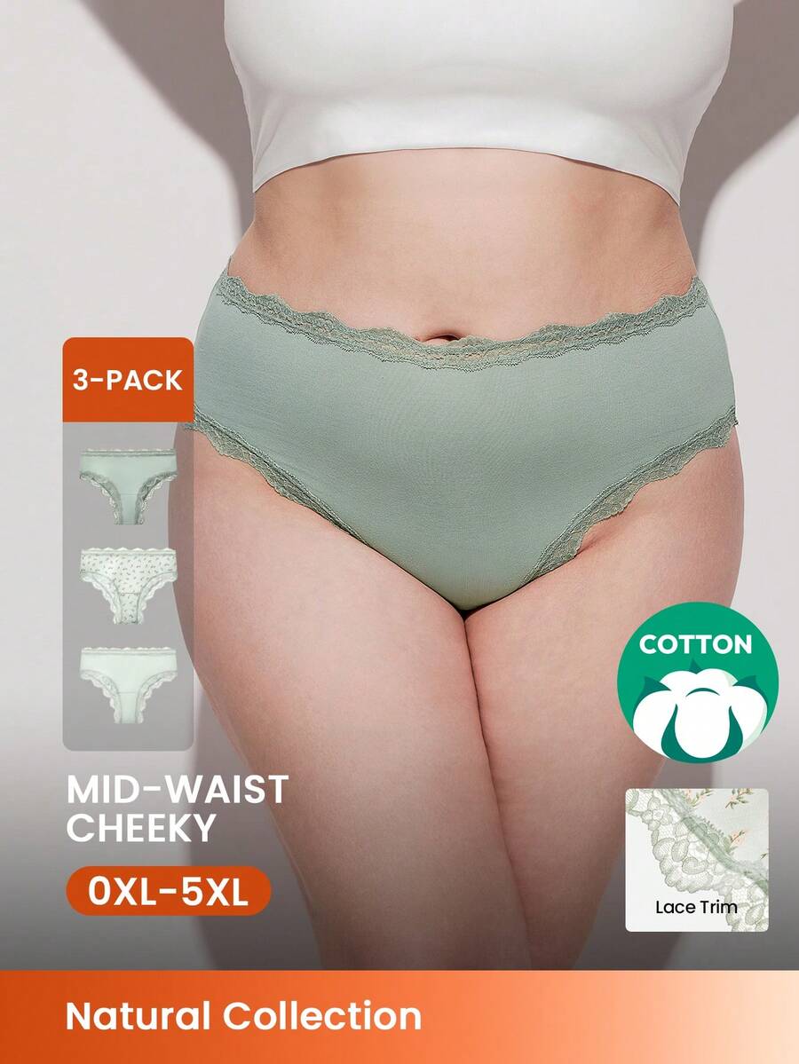 LUVLETTE Plus 3条装蕾丝边纯棉高腰基本款性感女士内裤套装 - 花卉印花蕾丝边 - 绿色 - 彩色 - 查看 1