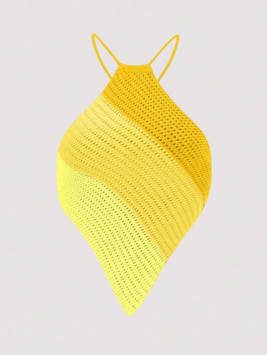 Olithes Blusa de punto casual con cuello halter y bajo asimétrico de unicolor para mujer - amarillo ganso - Ver 1