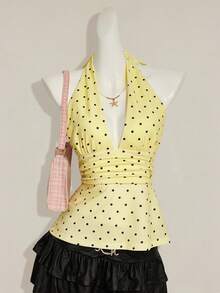 SHEIN ICON Áo nữ chấm bi xếp ly cổ yếm buộc dây, kiểu dáng thời trang, đa năng, thích hợp mặc thường ngày. - Màu vàng - Xem 1