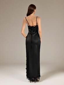 SHEIN Tall 女士露肩吊带黑色蕾丝拼接高开衩连衣裙 - 黑色 - 查看 2