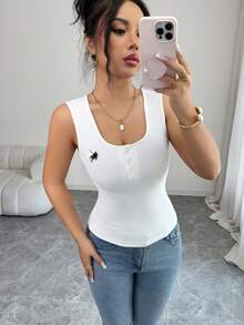 Rafferiza Áo tank top trắng thêu hình ngựa nhỏ thanh lịch dành cho nữ - trắng - Xem 6