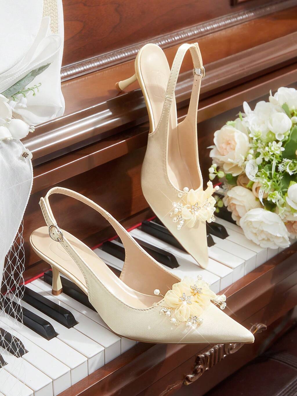 CUCCOO HITCHD Women Shoes Spring And Summer New Women's High-Heeled Shoes Pointed Thin Heel Middle Heel Slingback Buckle Fairy Style Satin Pearl Flower Rhinestone Decoration Elegant Wedding Banquet Dating Shoes