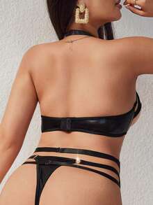SHEIN Sujetador unicolor de talla grande con huecos y decoración de círculo, combinado con tanga y anillos para piernas, conjuntos de lencería sexy de 4 piezas - Negro - Ver 2