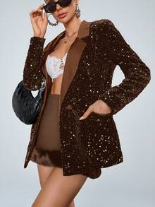 Aveloria Modichic Áo khoác blazer dáng rộng, thiết kế thời trang, phối nhiều mảnh vải đính sequin. - màu nâu - Xem 7