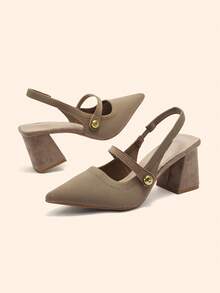 CUCCOO BASICS Women's Fashion Fabric Back Strap Chunky Heel Pointed Toe PU Leather Casual Slingback Pumps, Suitable For Commuting, Date, Party, Vacation For Christmas Spring Shoes - Khaki - View 9