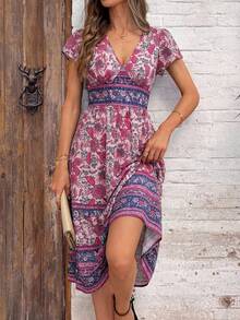 SHEIN Clasi 女士新款优雅夏季休闲度假乡村碎花短袖连衣裙，女士夏季服装，女士度假服装，女士假日服装，外出服装，2026新款服装，简约时尚，适合日常穿着，适合夏季、度假、日常穿着，女士节日服装，乡村音乐会服装，女士海滩服装，西式风格，飘逸连衣裙，碎花吊带裙，波西米亚风连衣裙，女士夏季连衣裙，度假装，女士度假连衣裙，V领休闲连衣裙 - 彩色 - 查看 7