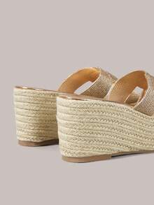 Styleloop Ladies, Straw Hemp Rope Electric Embroidery I-Shaped Upper, Lame Heel Platform Sandals, Holiday Atmosphere, Summer Wear, Travel Essentials - Rose Gold - View 5