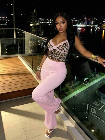 Slaydiva 2026 Spring/Summer New Casual Street Sexy Girl Leopard Print Camisole With Lace Trim + V-Waist Flared Pants Women Two Pieces Set. Suitable For Valentine's Day, Everyday Wear, Party, Back To School, Dates, Boho, Afternoon Tea, Vacations, Brunch, Airport Outfits, Casual, Sporty, Wedding Guest Attire, Loungewear-A