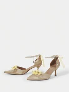 CUCCOO HITCHD Damenschuhe Frühling Neue Damenhochhackige Schuhe mit Perlen-Blumen-Verzierung, spitzer Absatz 6,5 cm, eleganter Feenstil, Satin einfarbig, Brautjungfernschuhe, Dinner-Schuhe - Champagner H - Übersicht 3