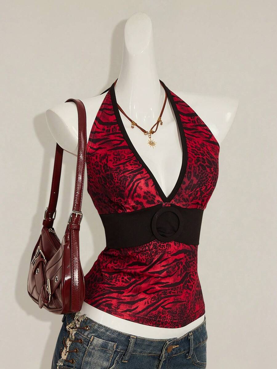 SHEIN ICON Crop top con escote en V y estampado de leopardo sexy Y2K para mujer - Rojo - Ver 1