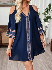 EMERY ROSE Women's Vacation Casual Printed Patchwork Off-Shoulder Dress - Multicolor - View 4