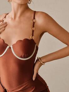 Swim Oasis 女士金属光泽亮面贝壳装饰钢圈连体泳衣，适合海滩度假 - 棕色 - 查看 5