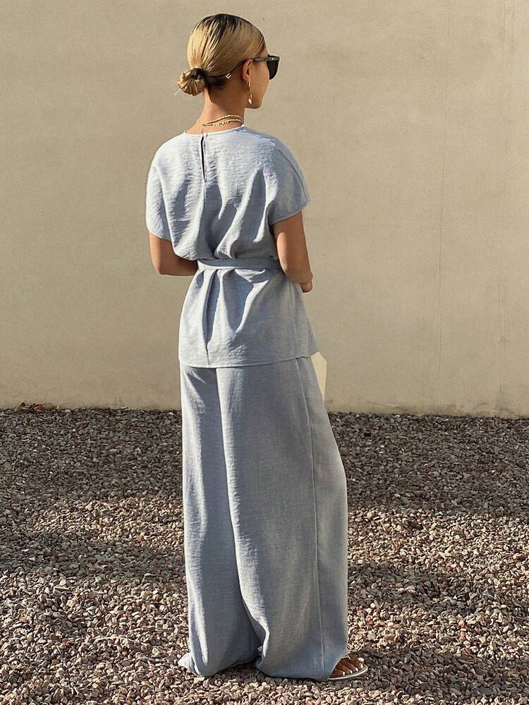 Women's Loose Fit Turtleneck Top With Drawstring Waist And Relaxed Fit Pants, Vacation/Beach Style 2 Pieces Set Summer