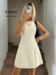 Easowa 女士纯色圆领休闲无袖短连衣裙 - 杏色 - 查看 1