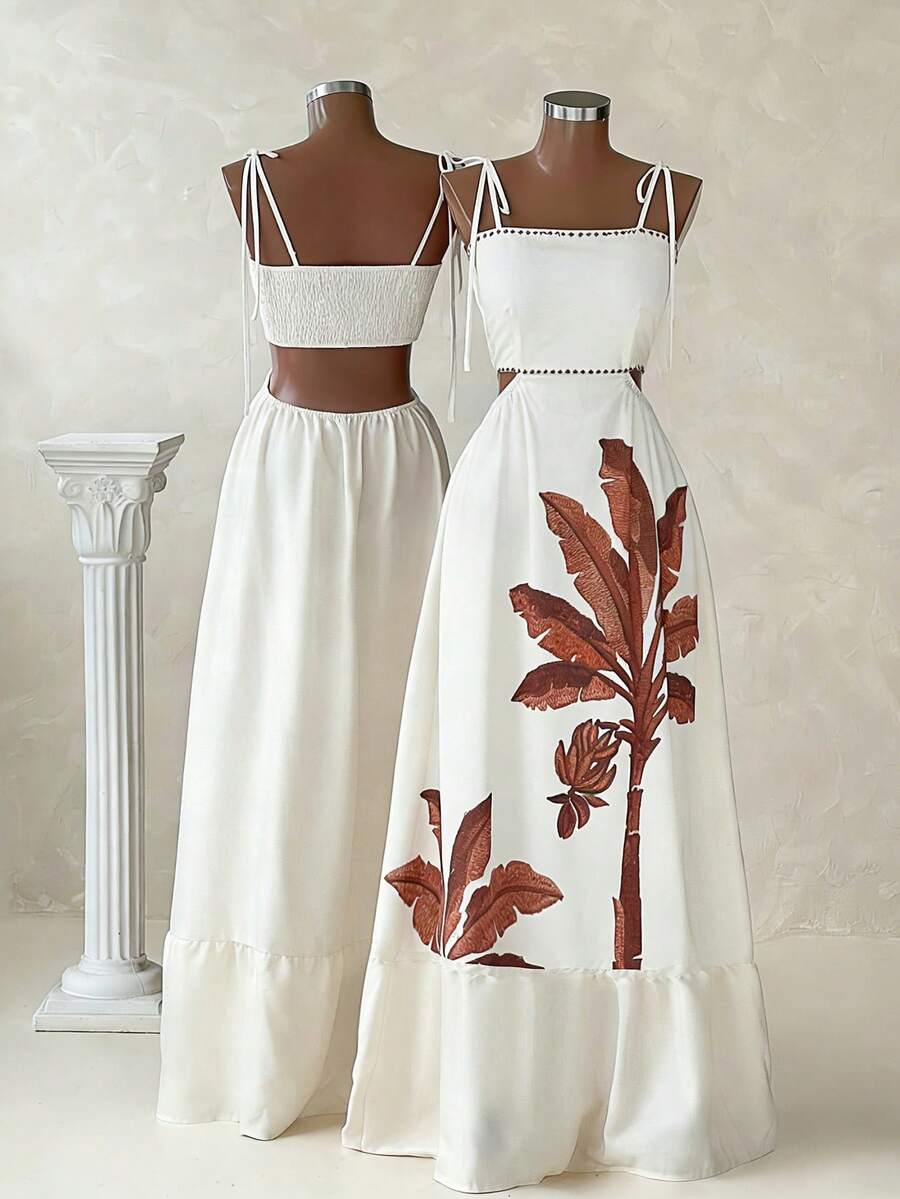 GlowEve Women's Apricot Printed Hollow Out Spaghetti Strap Vacation Dress - Apricot - View 1