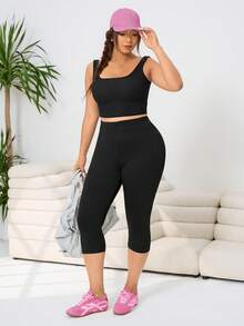 SHEIN EZwear 3件套加大码女式纯色休闲百搭日常穿着打底裤 - 黑色 - 查看 6
