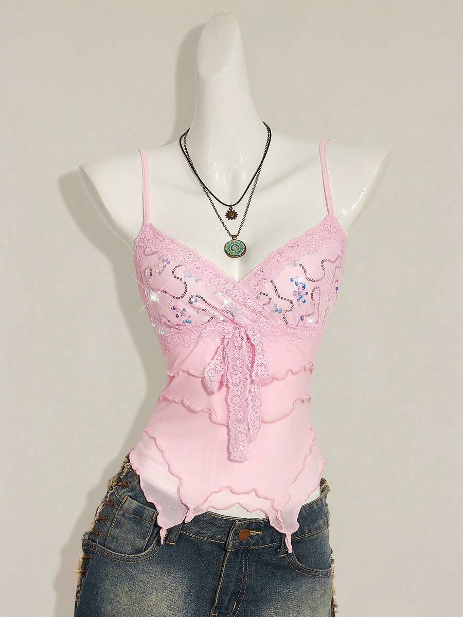 SHEIN ICON Women's Vintage Brown Sequin & Beaded V-Neck Camisole,Pink Top - Pink - View 1