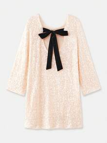 lacRébo Váy mini tay dài đính sequin màu kem hở lưng và nơ nhung đen dự tiệc tối thu đông - trắng - Xem 8