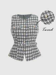 SHEIN MOD 大码女式千鸟格单排扣时尚百搭通勤轻便背心外套 - 黑與白 - 查看 2