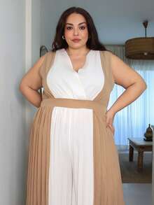 Pretty and Ole Plus Size Women's Pleated V-Neck Cinched Waist Wide Leg Jumpsuit, Elegant Casual Wear For Work, Travel And Daily - Brown - View 4