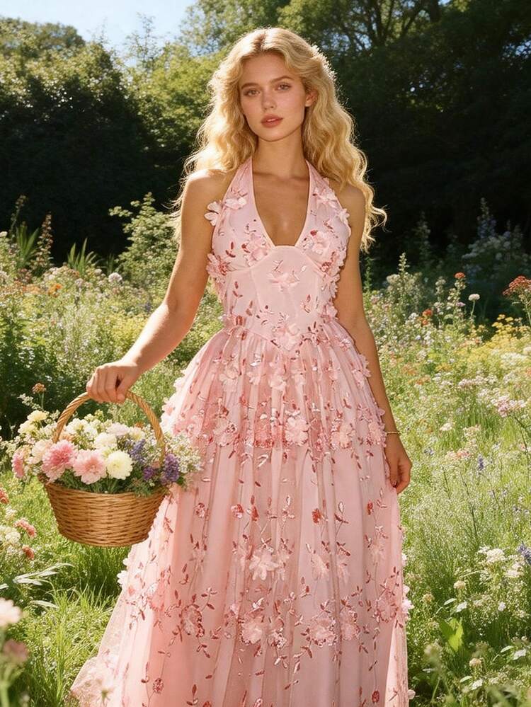 Glamine Charm Elegant Floral Jacquard Deep V-Neck Midi Dress,Pink