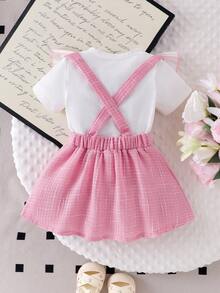 SHEIN Playful Pals Ensemble 2 pièces pour bébé fille, t-shirt à manches courtes à volants floraux blanc laiteux et jupe plissée à carreaux roses, tenue d'été décontractée et mignonne pour bébé fille, ensemble robe rose pour fille, tenues de printemps pour filles, tenues d'été moelleuses, vêtements de bébé fille, tenues d'été pour filles, ensemble coordonné d'été pour fille - Blanc - Voir 2