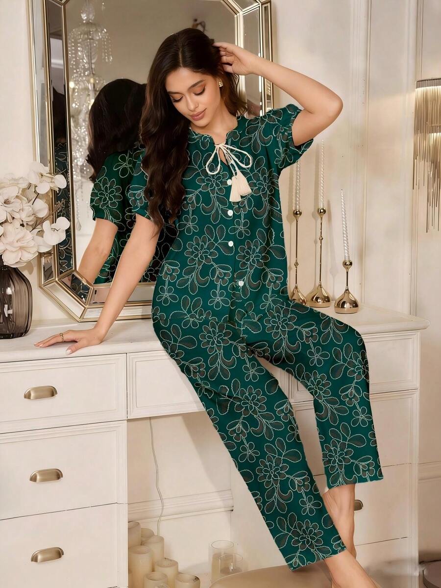SHEIN 女款優雅花卉刺繡休閒泡泡袖睡衣套裝 - 墨綠色 - 查看 1