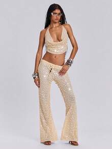 ROMWE Y2K Conjunto de 2 piezas de pantalones sueltos con cuello drapeado decorado con cuentas de madera huecas y lentejuelas, estilo de vacaciones de verano sexy para mujeres - Marrón - Ver 10