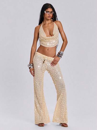 ROMWE Y2K Summer Vacation Style Sexy Sequin Hollow Wooden Bead Decor Draped Neck Loose Pants Women 2 Pieces Set