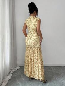 Elenzga Yellow Printed Ruched Waist Ruched Slit Elegant Dress For Women - Light Yellow - View 2